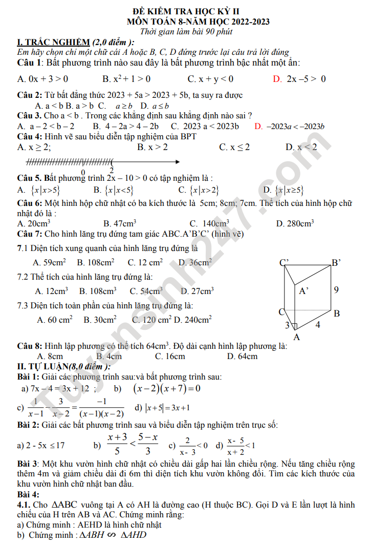Đề Thi Học Kì 2 Lớp 8 Môn Toán Năm 2023