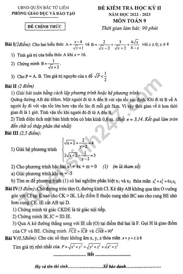 Đề cuối kì 2 lớp 9 môn Toán 2023 (Có đáp án) - Phòng GD Bắc Từ Liêm