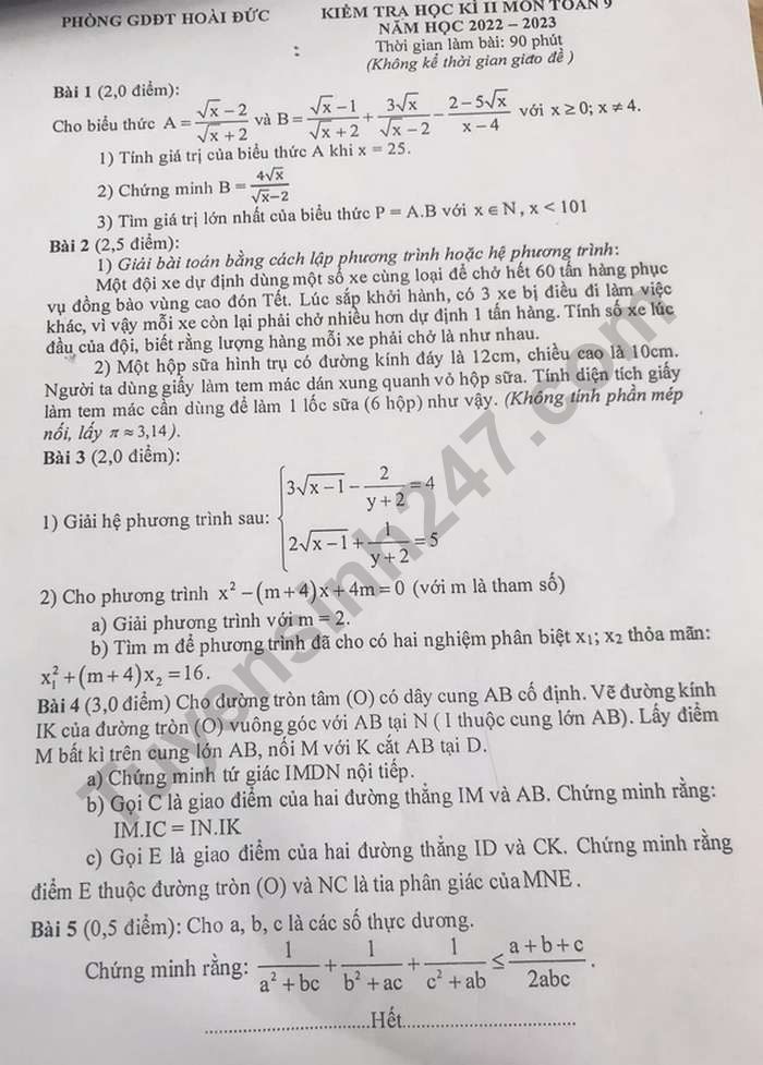Đề cuối kì 2 lớp 9 môn Toán năm 2023 - Phòng GD Hoài Đức
