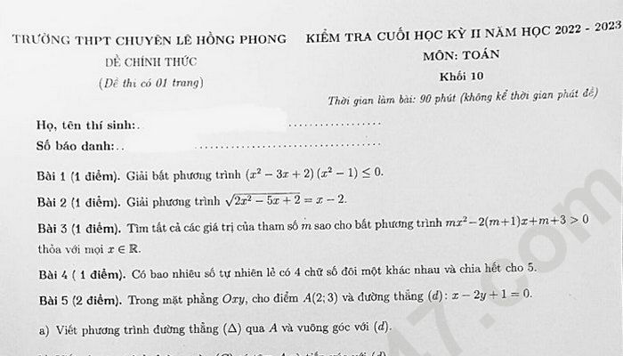 Đề thi học kì 2 lớp 10 môn Toán 2023 THPT Chuyên Lê Hồng Phong
