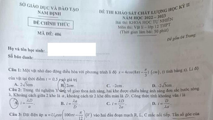 Đề thi kì 2 môn Lý lớp 12 tỉnh Nam Định 2023
