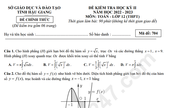 Đề thi cuối kì 2 môn Toán lớp 12 tỉnh Hậu Giang 2023 (Có đáp án)