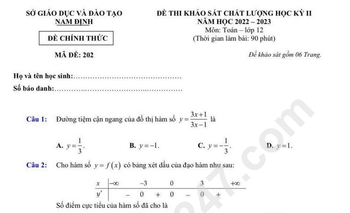 Đề thi học kì 2 môn Toán lớp 12 tỉnh Nam Định 2023