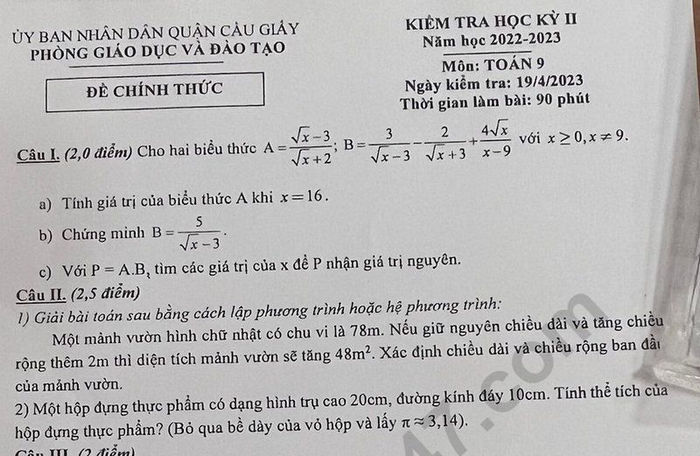 Đề học kì 2 lớp 9 2023 môn Toán Quận Cầu Giấy (Có đáp án)