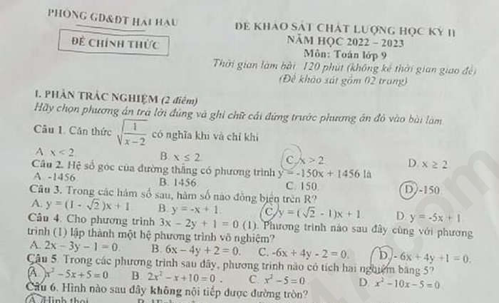Đề kiểm tra cuối kì 2 lớp 9 môn Toán 2023 Huyện Hải Hậu