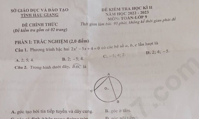 Đề thi cuối kì 2 môn Toán lớp 9 tỉnh Hậu Giang 2023