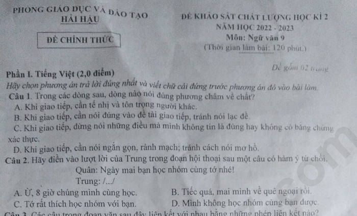 Đề cuối kì 2 lớp 9 môn Văn 2023 Phòng GD Hải Hậu