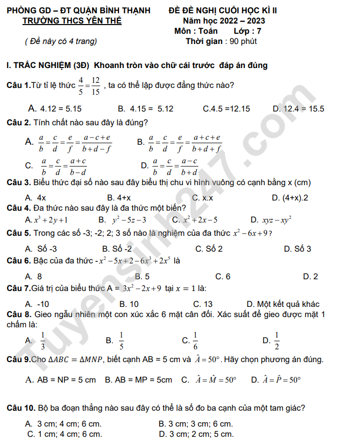 Đề thi kì 2 lớp 7 môn Toán đề nghị 2023 - THCS Yên Thế (Có đáp án)