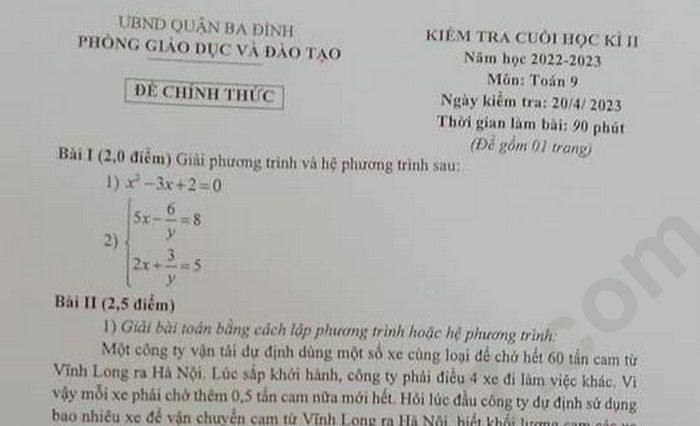 Đề học kì 2 lớp 9 năm 2023 môn Toán Quận Ba Đình