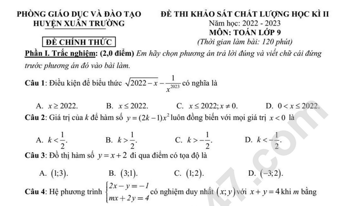 Đề thi học kì 2 môn Toán lớp 9 Huyện Xuân Trường 2023