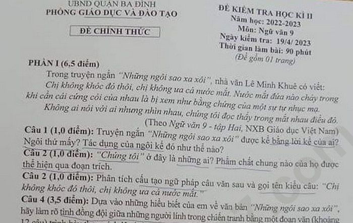 Đề cuối kì 2 lớp 9 môn Văn 2023 Quận Ba Đình 