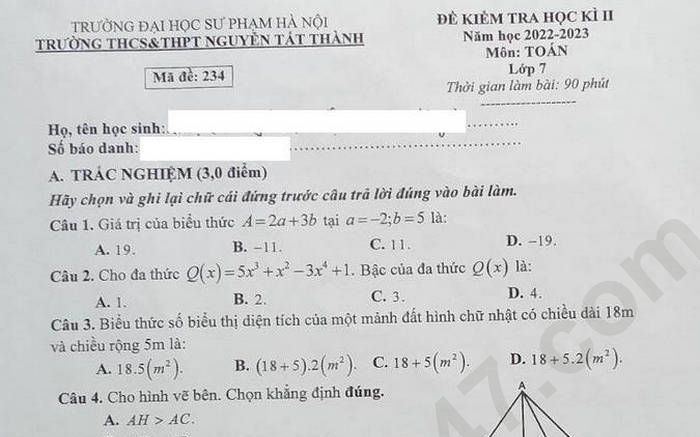 Đề thi cuối kì 2 môn Toán lớp 7 THCS&THPT Nguyễn Tất Thành 2023