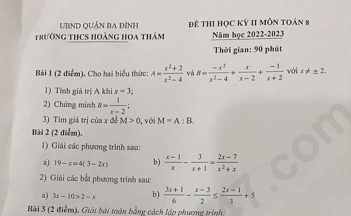 Đề kiểm tra cuối kì 2 lớp 8 môn Toán 2023 THCS Hoàng Hoa Thám