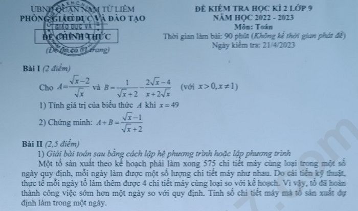 Đề thi học kì 2 lớp 9 môn Toán 2023 Quận Nam Từ Liêm