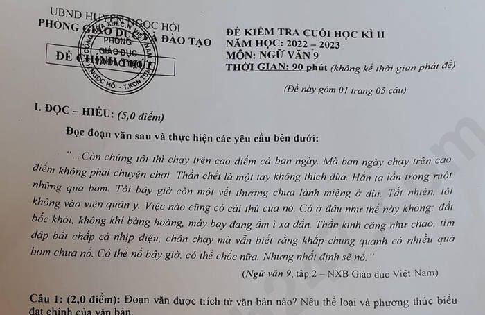 Đề học kì 2 lớp 9 năm 2023 môn Văn Huyện Ngọc Hồi