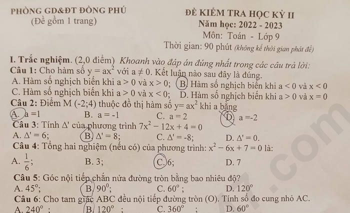 Đề cuối kì 2 lớp 9 môn Toán - 2023 Huyện Đồng Phú