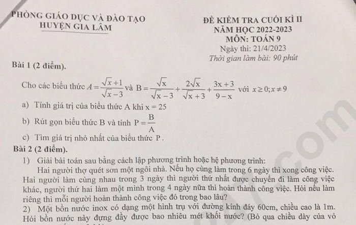 Đề kiểm tra cuối kì 2 lớp 9 môn Toán 2023 Huyện Gia Lâm