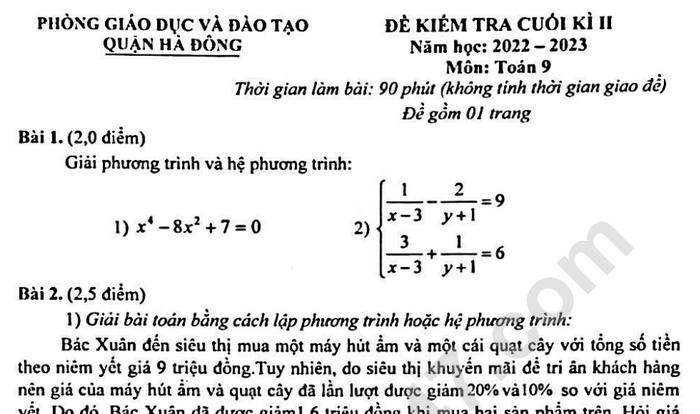 Đề thi học kì 2 môn Toán lớp 9 - Quận Hà Đông 2023 (Có đáp án)