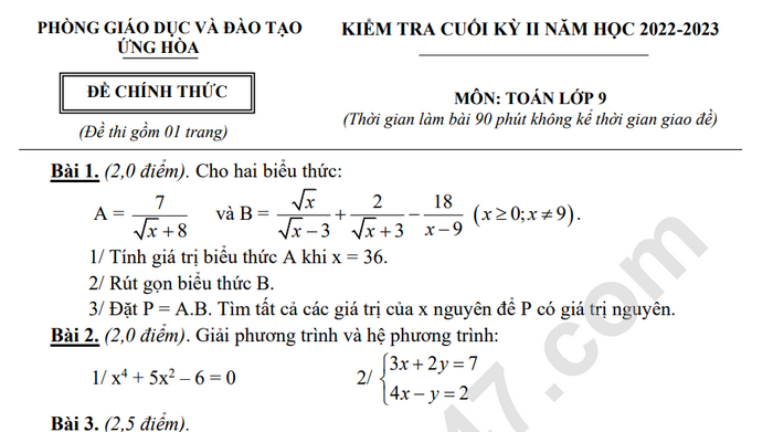 Đề thi cuối kì 2 môn Toán lớp 9 Huyện Ứng Hòa 2023 (Có đáp án)