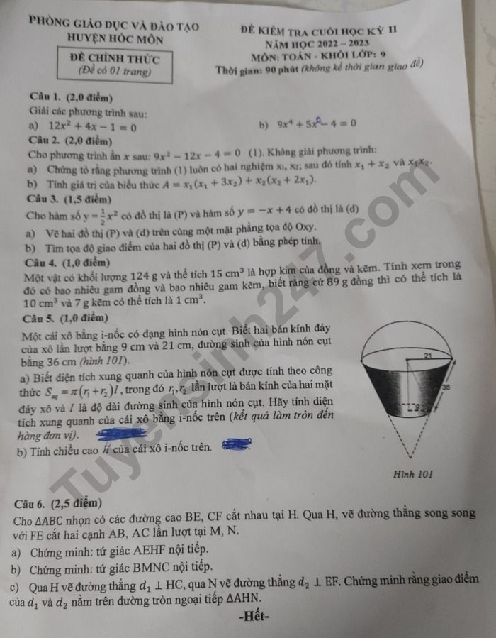 Đề thi cuối kì 2 môn Toán lớp 9 - Phòng GD Huyện Hóc Môn năm 2023