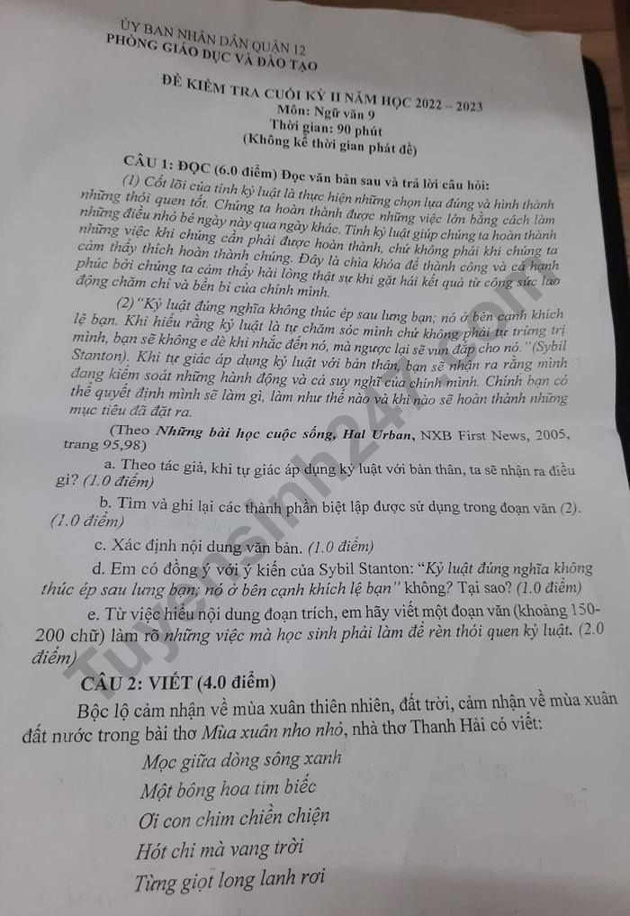Đề thi cuối kì 2 môn Văn lớp 9 - Quận 12 năm 2023
