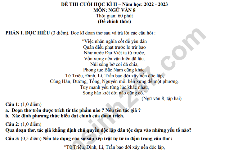 Đề thi kì 2 môn Văn lớp 8 năm 2023 - Có đáp án