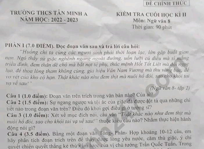 Đề thi học kì 2 lớp 8 môn Văn 2023 - THCS Tân Minh A