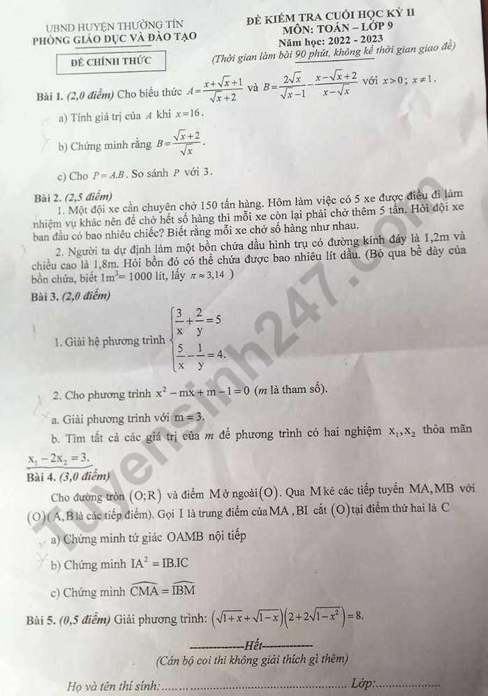 Đề thi kì 2 lớp 9 môn Toán 2023 - Phòng GD Thường Tín