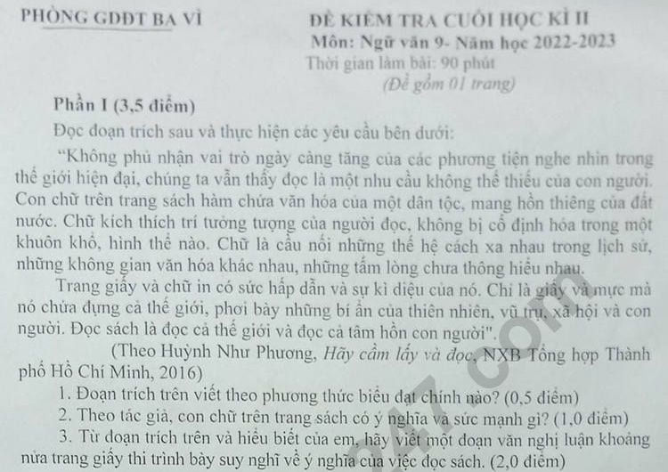 Đề thi kì 2 lớp 9 môn Văn 2023 - Phòng GD Ba Vì