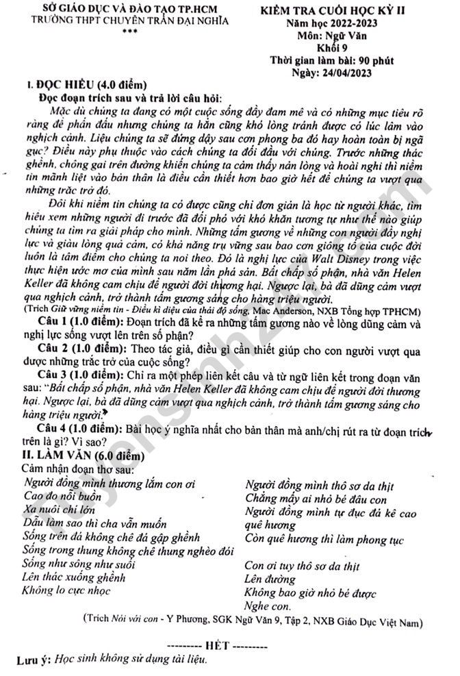 Đề thi học kì 2 môn Văn lớp 9 - THPT Chuyên Trần Đại Nghĩa 2023