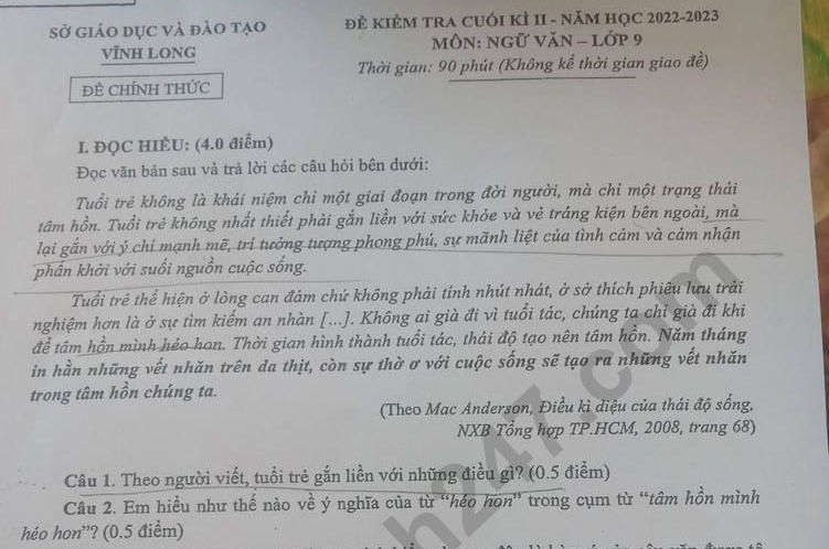 Đề thi cuối kì 2 môn Văn lớp 9 - Sở GD Vĩnh Long 2023 (Có đáp án)