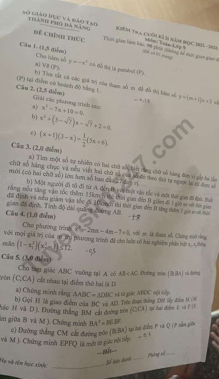 Đề cuối kì 2 lớp 9 môn Toán năm 2023 - Sở GD Đà Nẵng