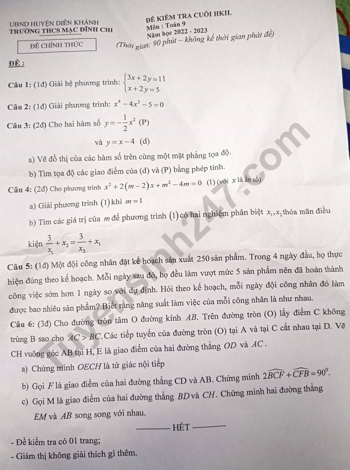 Đề thi cuối kì 2 môn Toán lớp 9 - THCS Mạc Đĩnh Chi năm 2023