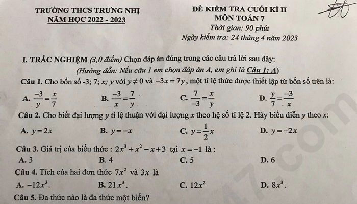 Đề thi kì 2 lớp 7 môn Toán 2023 - THCS Trưng Nhị