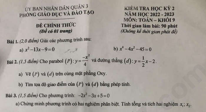 Đề thi học kì 2 lớp 9 môn Toán năm 2023 Quận 3