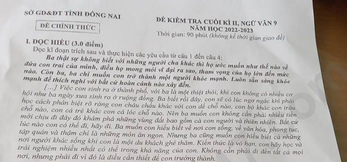 Đề thi kì 2 môn Văn lớp 9 tỉnh Đồng Nai 2023