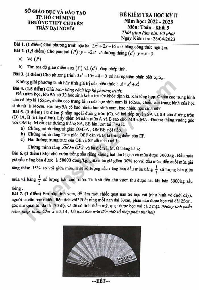 Đề học kì 2 lớp 9 năm 2023 môn Toán - THPT Chuyên Trần Đại Nghĩa
