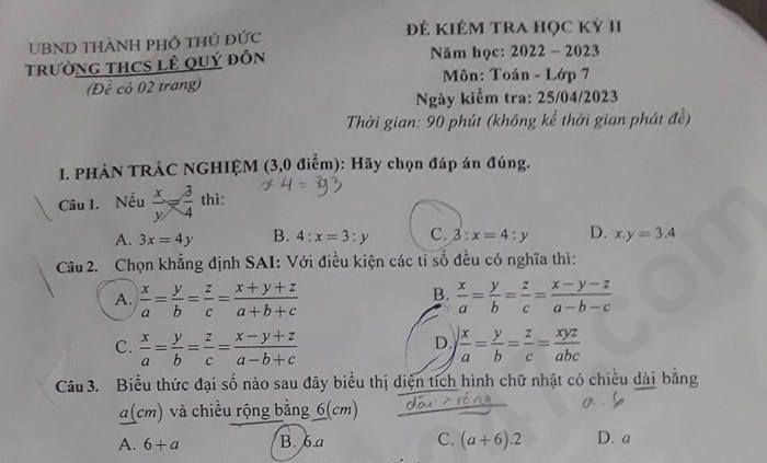 Đề kiểm tra cuối kì 2 lớp 7 môn Toán 2023 THCS Lê Quý Đôn