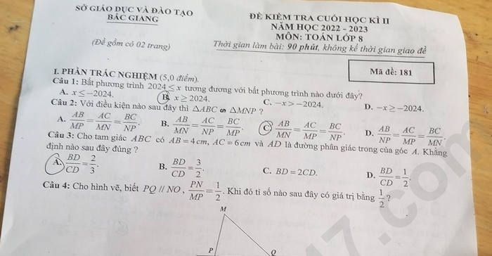 Đề học kì 2 lớp 8 năm 2023 môn Toán Sở GD Bắc Giang