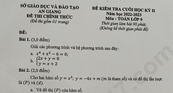 Đề thi học kì 2 môn Toán lớp 9 Sở GD An Giang năm 2023