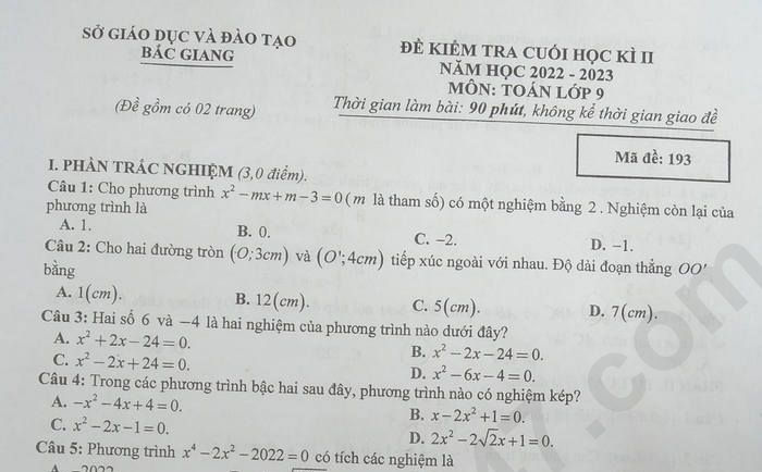 Đề kiểm tra cuối kì 2 lớp 9 môn Toán năm 2023 - tỉnh Bắc Giang