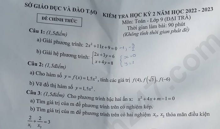 Đề cuối kì 2 lớp 9 môn Toán năm 2023 - tỉnh Bình Dương