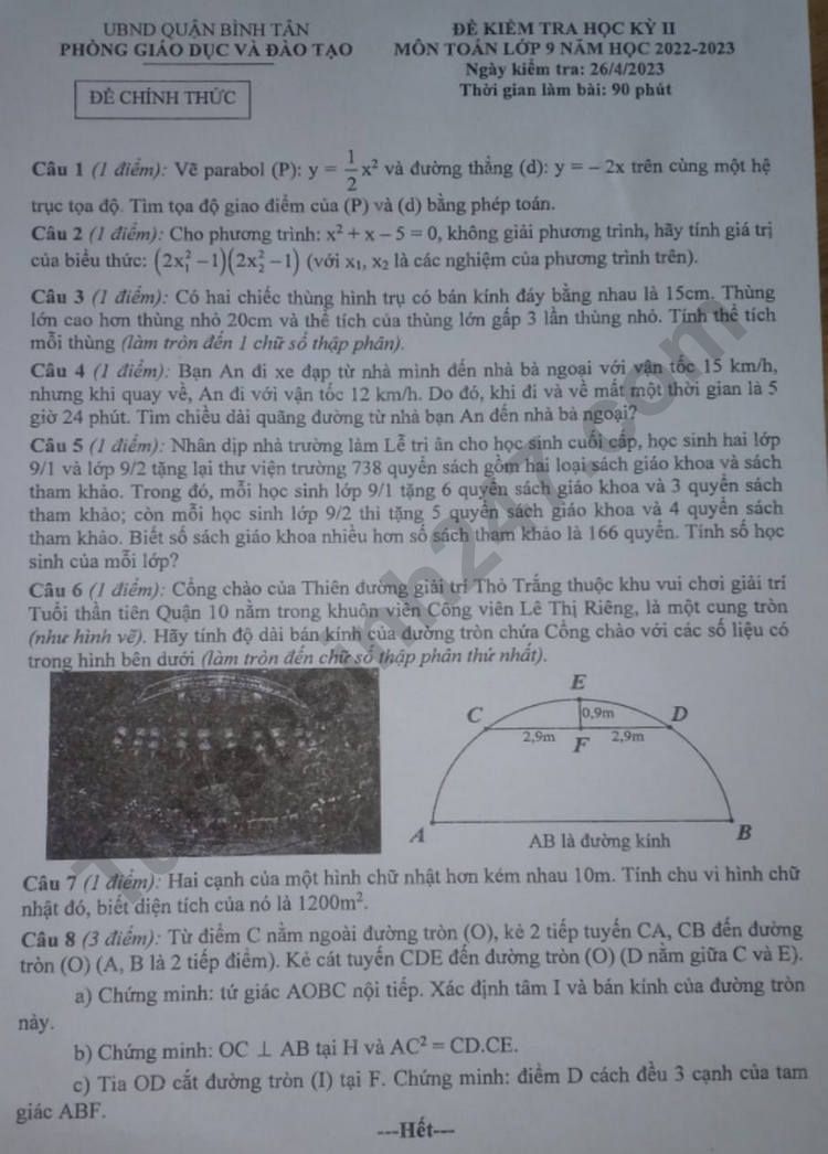Đề thi kì 2 lớp 9 môn Toán 2023 - Quận Bình Tân