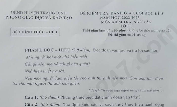 Đề cuối kì 2 lớp 8 môn Văn năm 2023 Huyện Tràng Định