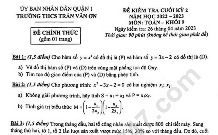 Đề thi kì 2 môn Toán lớp 9 năm 2023 - THCS Trần Văn Ơn