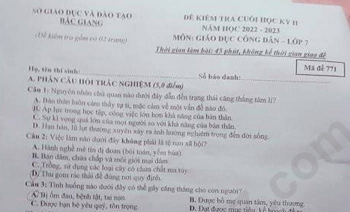 Đề thi học kì 2 lớp 7 môn GDCD 2023 tỉnh Bắc Giang