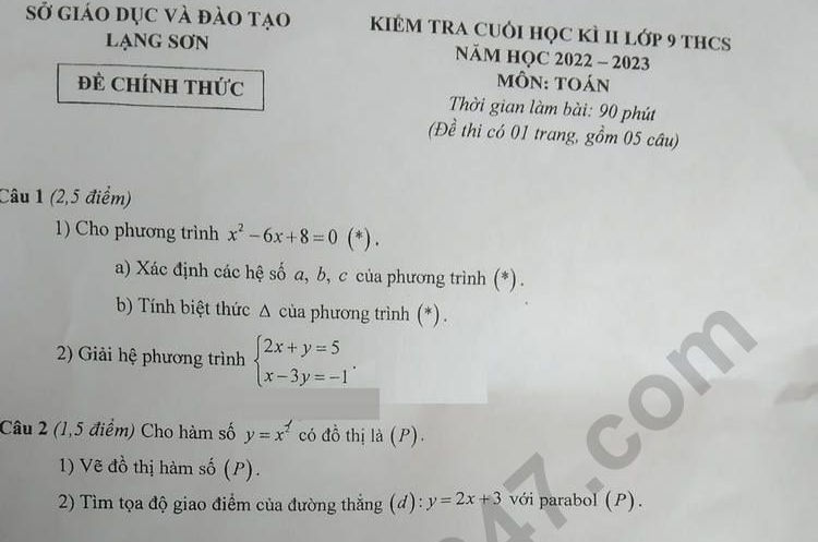 Đề thi kì 2 môn Toán lớp 9 năm 2023 - Sở GD Lạng Sơn