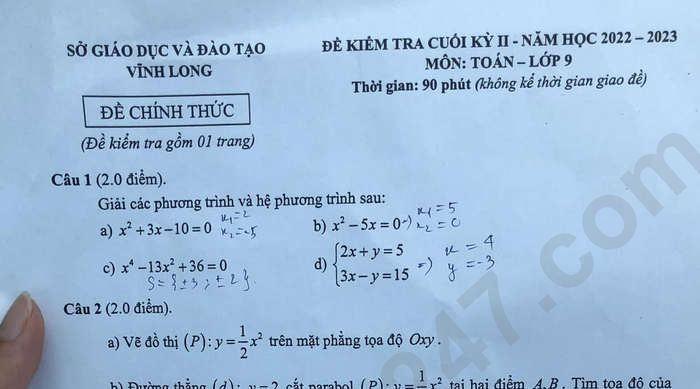 Đề thi kì 2 môn Toán lớp 9 tỉnh Vĩnh Long năm 2023