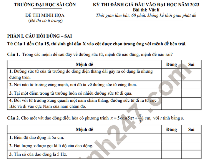 Đề minh họa thi đánh giá đầu vào Đại học Sài Gòn 2023 môn Lý
