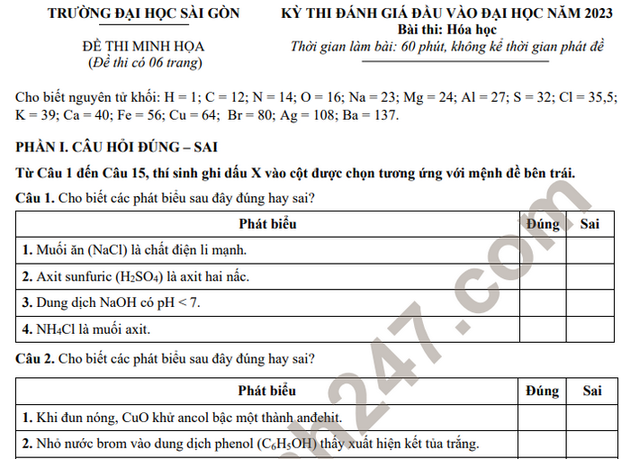 Đề minh họa thi đánh giá đầu vào 2023 môn Hóa - Đại học Sài Gòn